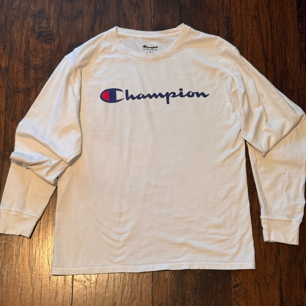 Champion‎ Long Sleeve Shirt White Logo Tee Size Medium Men's Vintage Streetwear